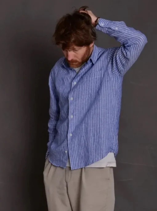 Chemise lin Malte bleu azure rayée