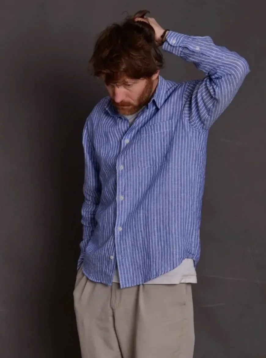 Chemise lin Malte bleu azure rayée